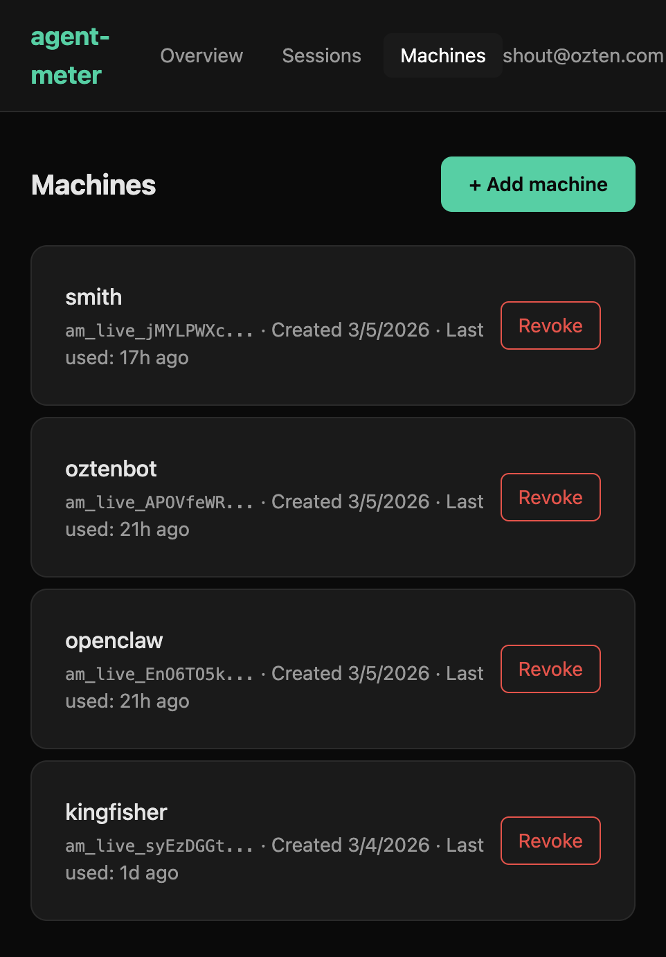 Machines page showing four connected machines — smith, oztenbot, openclaw, kingfisher — each with their own API key