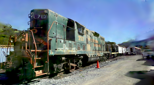 Day-0 baseline render at 17.78 dB: the locomotive is sharp but the sky is muddy and the background hazy