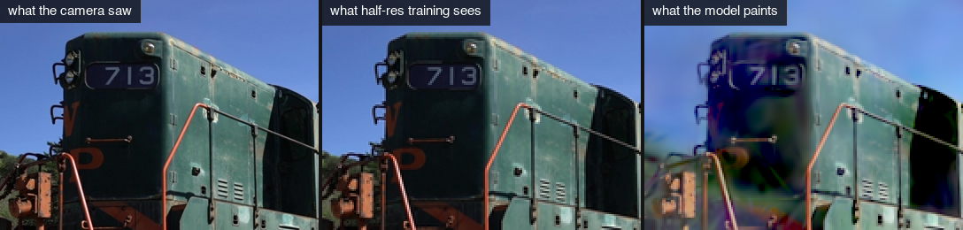 Left: the photo. Middle: the half-res version training actually consumes. Right: what the model paints — a faithful copy of the mush.