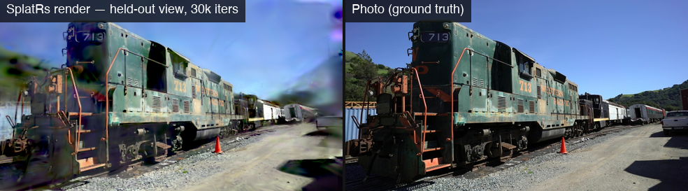 Left: SplatRs rendering a held-out camera view it was never trained on. Right: the actual photo.