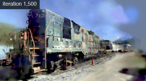 Training evolution: the same held-out view, one frame every 1,500 iterations, as the scene learns itself